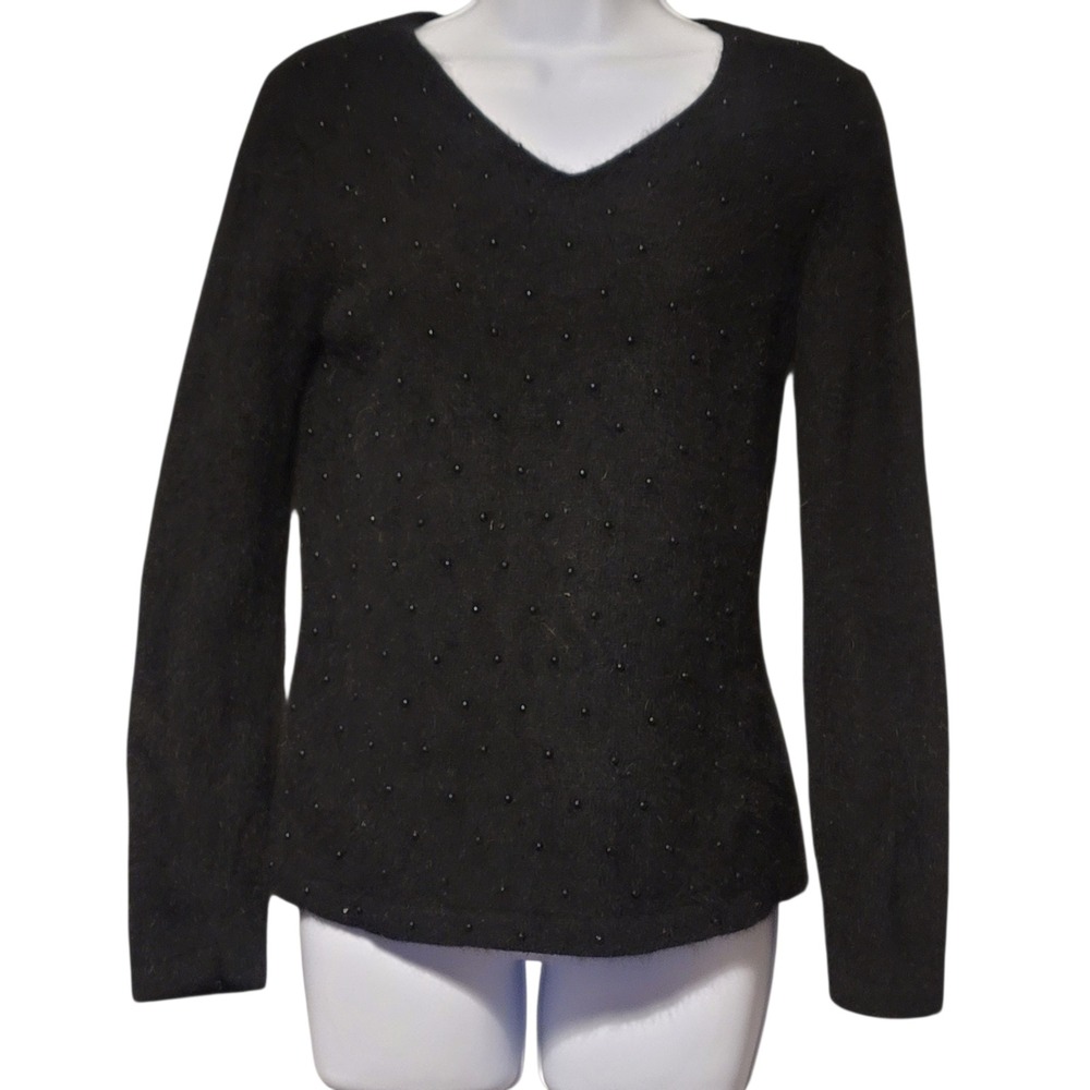 Andrea Viccaro Black Angora Blend Beaded V-Neck Fuzzy Sweater Womens Medium‎